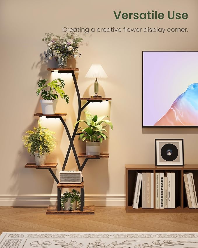 CHOEZON Plant Stand Indoor with Grow Light, 7-Tier Flower Plant Holder, 46.5” Tall Corner Plant Display Rack, Dimmable Grow Light with Timer, Rustic Brown and Black TCJ40DBF
