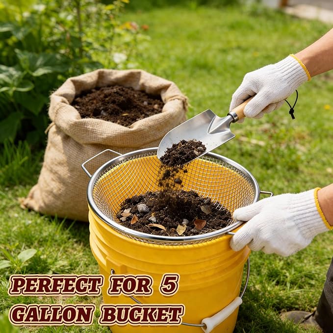 3PCS Soil Sifter for Gardening, Rock Soil Sifter with Handle Compost Sifting Screen for 5 Gallon Buckets with Metal Garden Tool Shovel Gloves 3,6,10mm Mesh Sizes Remove Stone Fine Gravel Sand Dirt