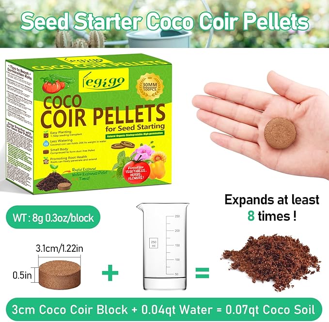 Legigo 100 Pcs 30mm Coco Coir Pellets Seed Starter Soil Mix- Organic Coconut Coir Potting Soil Pods for Seedling, Coco Peat Soil Discs for Indoor & Outdoor Plants Bonsai Herbs Vegetables and Flowers