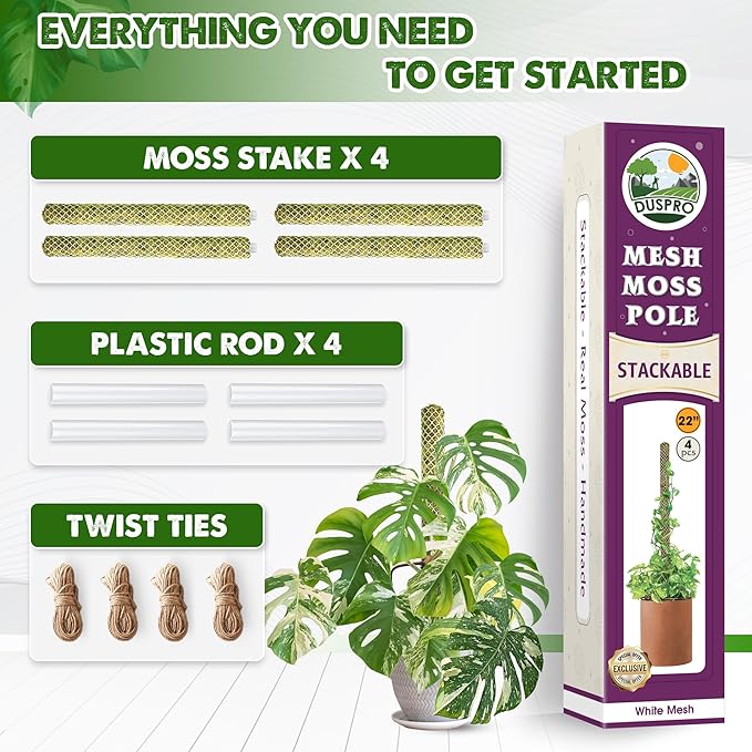 DUSPRO 4 Pack 22" White Stackable Mesh Moss Pole for Plants – Extendable Up to 71", Natural Forest Moss Pole Monstera Plant Support, Moss Stick for Climbing Plants, Indoor Plant Stakes Accessories
