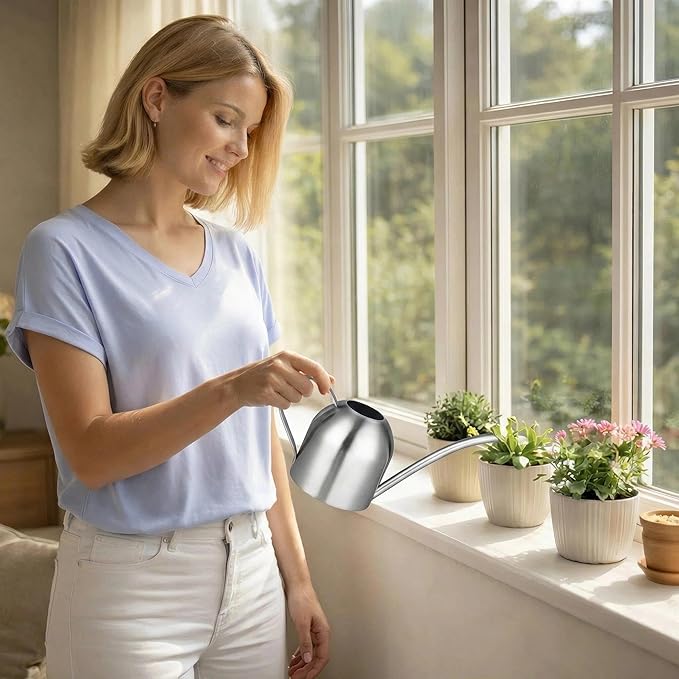 IMEEA Indoor Watering Can for House Plants 33oz/1L Brushed Stainless Steel Watering Can with Long Spout for Succulents, Bonsai