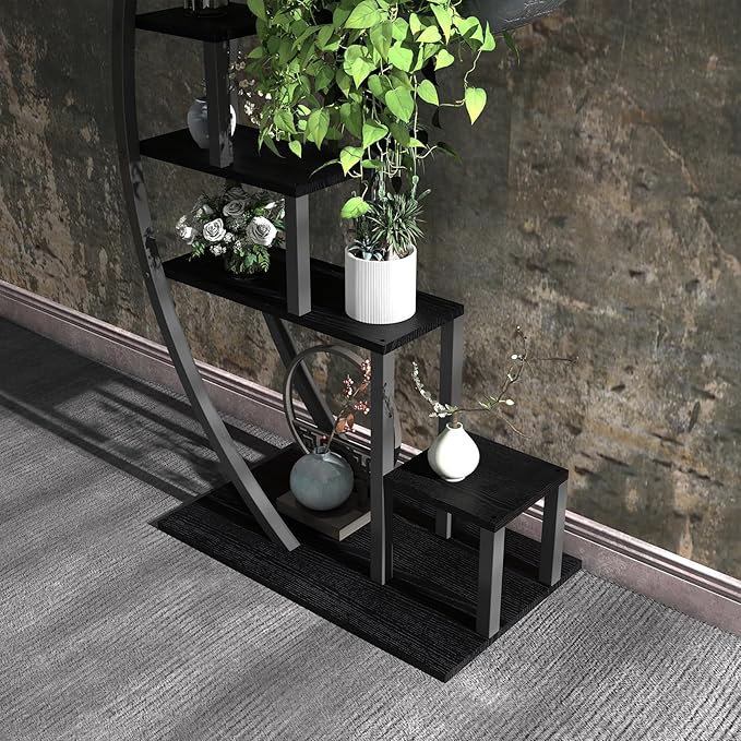 Patikuin 5-Tier Half Moon Metal Plant Stand Set of 2 – Tall Indoor & Outdoor Ladder Flower Shelf Rack with Hanging Hooks, Modern Multi-Tier Display for Living Room, Balcony & Garden