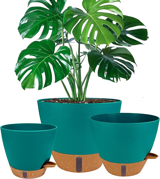 8/10/12 Inch Self Watering Pots for Indoor/Outdoor Plants - Large Plastic Planter with Drainage Holes, Water Level Indicator & Deep Reservoir, Modern Decorative Flower Pots (Turquoise)