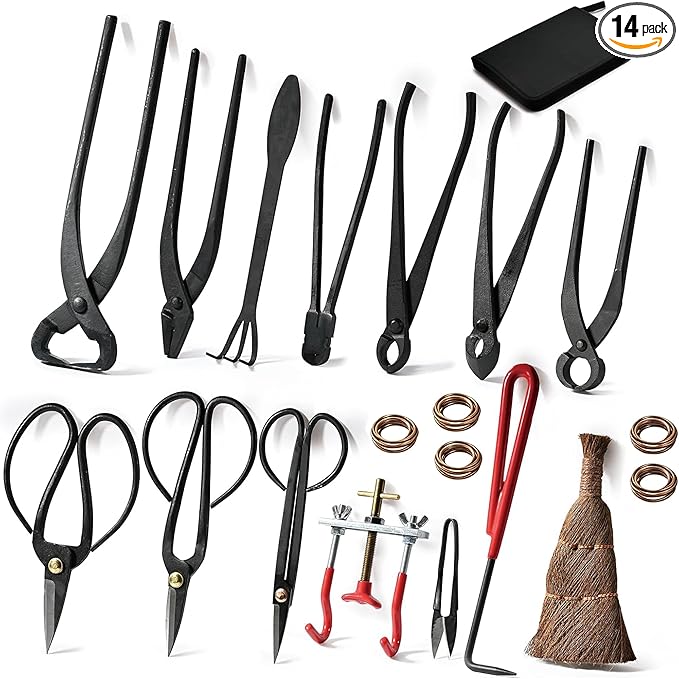 14-Piece Bonsai Tree Kit, Bonsai Tool Set, Carbon Steel Scissors Cutter Shears, Perfect Gardening Trimming Pruning Tools Jin Pliers, Rake with Spatula Starter Kit