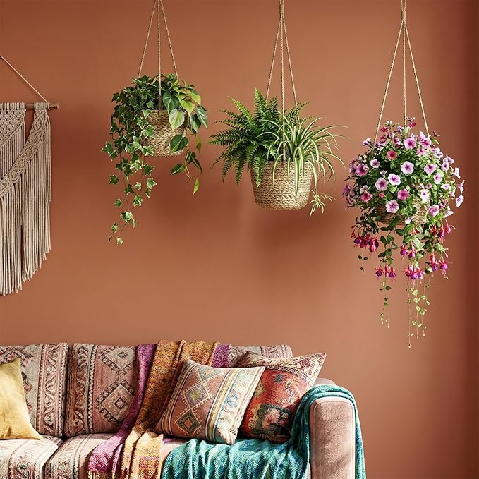 12 Pcs Seagrass Hanging Planter Basket Hand Woven Plant Basket with Plastic Liners Hanging Plant Holder Storage Containers with Cotton Rope for Indoor Garden Decor (Small,Brown)