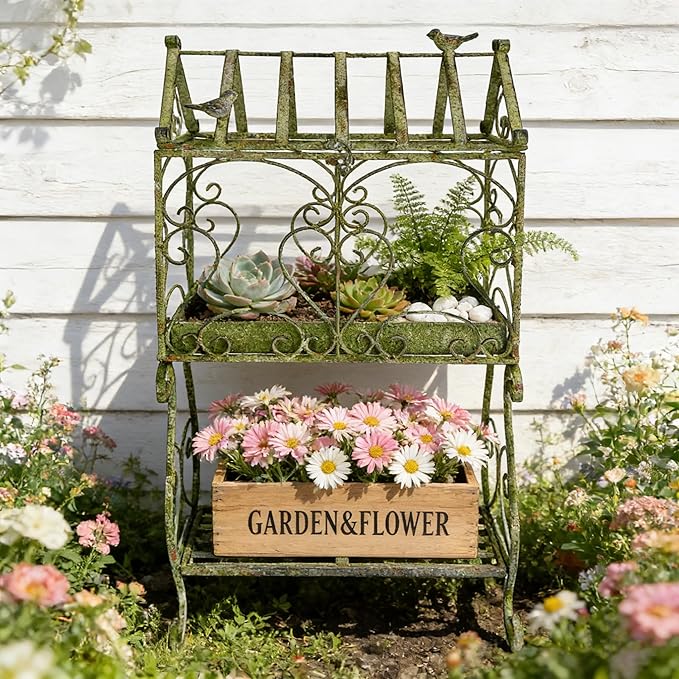 Vintage 2-Tier Metal Plant Stand House Shape Planter, 24"H Distressed Green Plant Holder Decorative Planter Shelf for Ferns, Succulents, Air Plants, Small Potted Plants, Farmhouse Indoor Home Decor