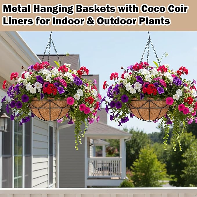 Hanging Baskets for Outdoor Plants (12 inch 2 Pack) Black Metal Wire Flower Basket Coconut Coir Hanging Planters with Chain Indoor Plant Holder for Patio Garden Balcony