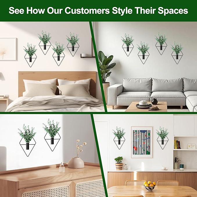 2 Pack Black Wall Decor Hanging Planters with Artificial Plants Metal Hanging Vase Indoor Plants Holder Modern Boho Wall Art for Bathroom Bedroom Living Room Office (Black, Eucalyptus)
