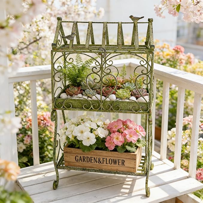 Vintage 2-Tier Metal Plant Stand House Shape Planter, 24"H Distressed Green Plant Holder Decorative Planter Shelf for Ferns, Succulents, Air Plants, Small Potted Plants, Farmhouse Indoor Home Decor