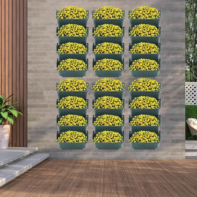 Bacocoo Vertical Garden Planter - 24 Pack, 13 inch Wall Mounted Planter for Patio Outdoor Decor, Home Green Plastic Pot Balcony Plant Vegetable Fruit Herb Hanging Pocket Holder Flowerpot. (Army Green)