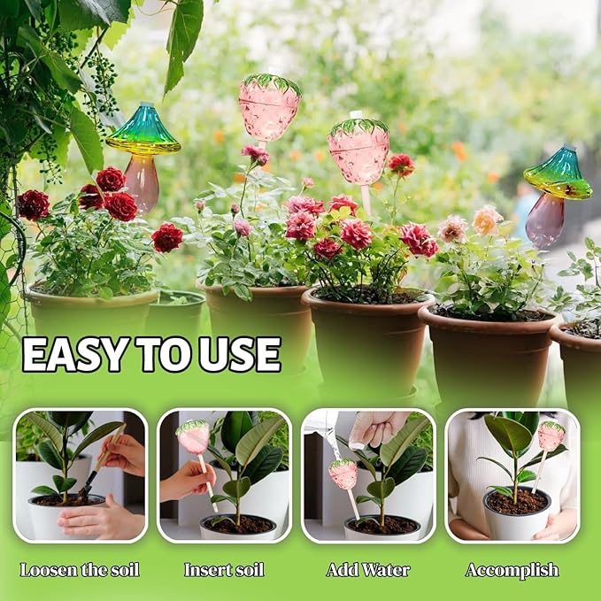 Plant Watering Globes,Glass Watering Bulbs Self Watering Planter Insert Devices 4PCS Plant Waterers for Indoor Plants for Travel Vacation(Mushroom Strawberry Shape)