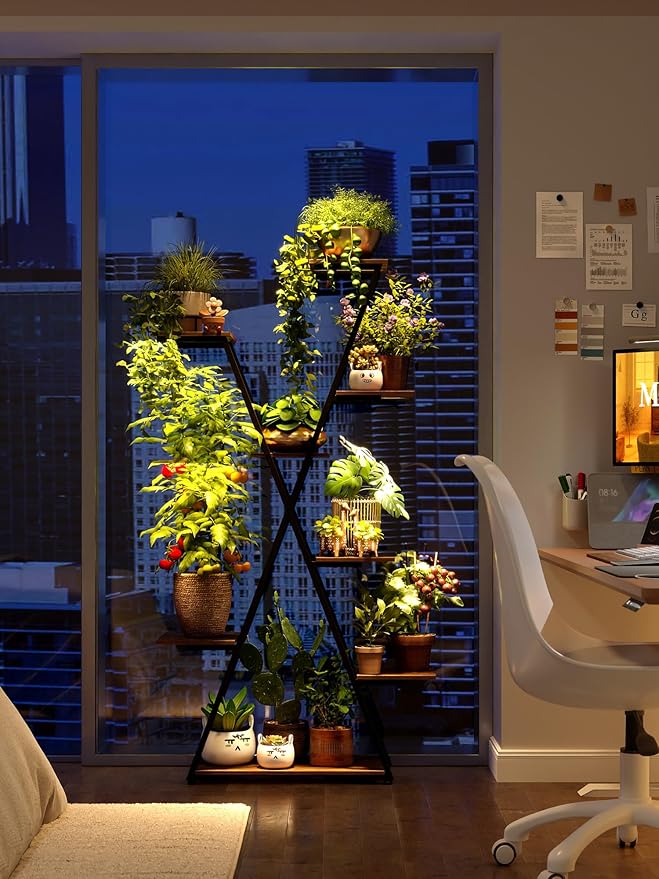 Lighted Plant Stand with Grow Lights – Tall Large Tiered Metal Corner Shelf Rack for Multiple Indoor Living Room Flower