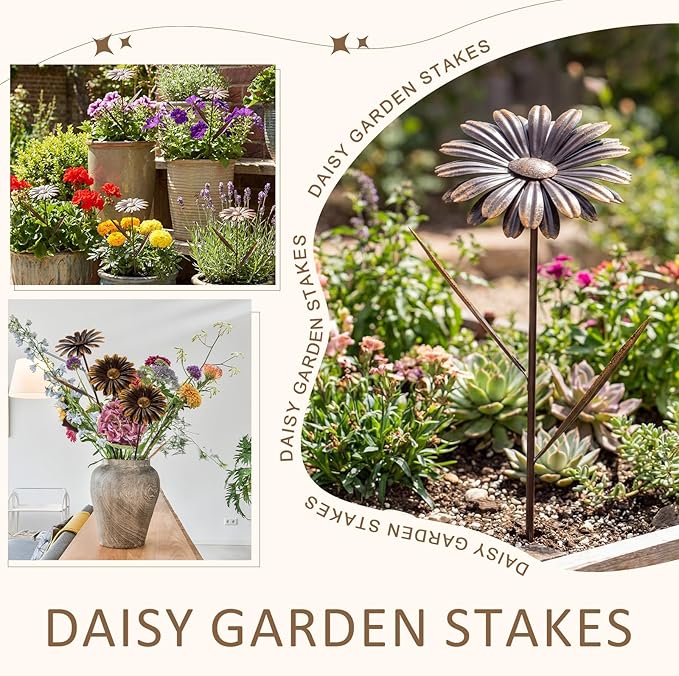 5 Pcs 11.8 Inch 3D Rusty Metal Garden Stakes, Weatherproof Decorative Plant Picks for Farmhouse Outdoor Yard, Lawn, Patio & Walkway(Daisy)