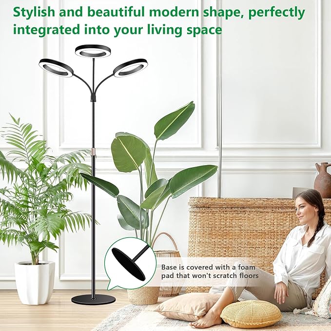 Aumtrly Grow Lights for Indoor Plants, 3 Head Full Spectrum Plant Light with 68" Adjustable Stand for Growing Large Tall Plants, Black Halo Floor LED Grow Lamp with 16 Hour Timer