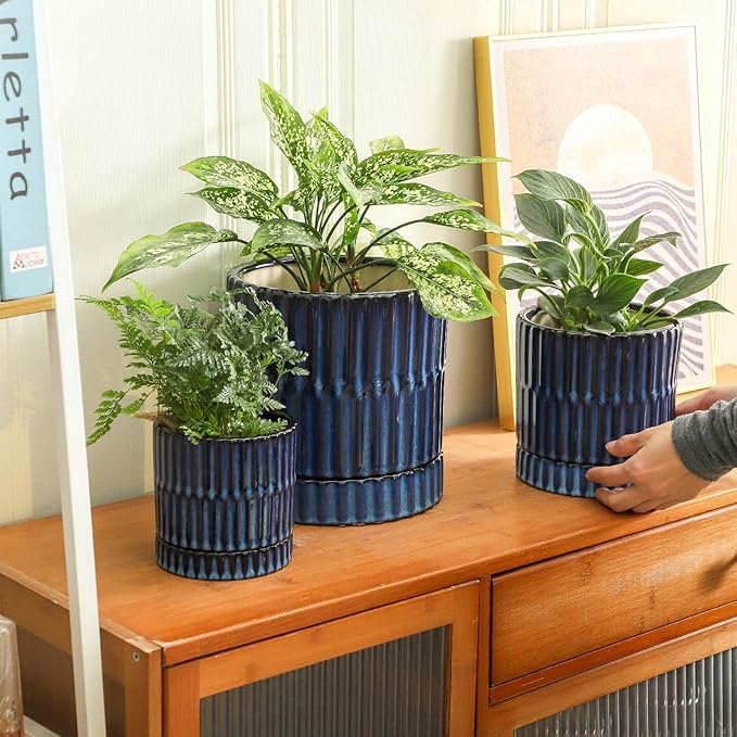 HASENSE Ceramic Pot for Plants, 3-Pack (8/6/4.6 inch) Medium Flower Planter with Drainage Holes & Tray, Rective Glaze Plant Pots Indoor with Ribbed Design, Kithen Home Office Decor, Blue