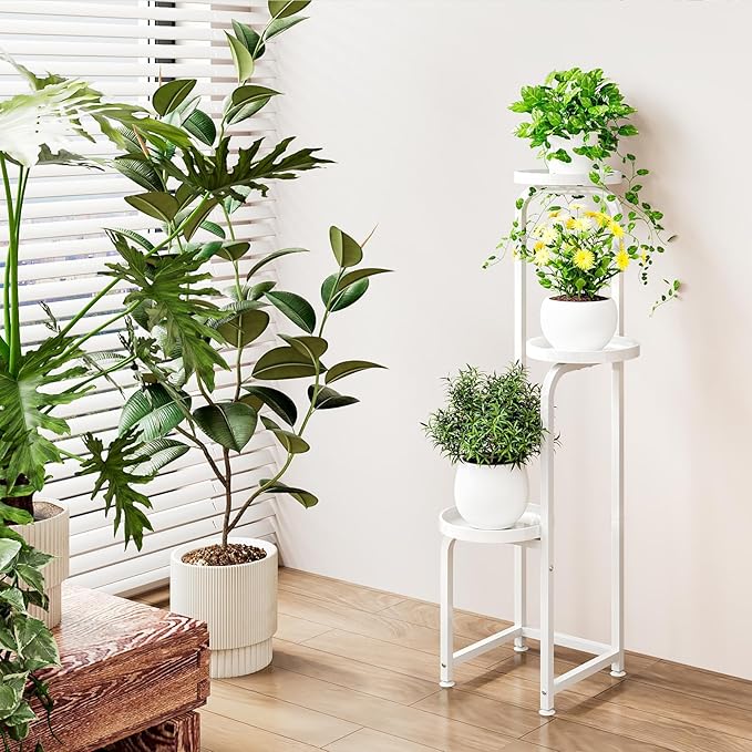 INGIORDAR Plant Stand Indoor Outdoor 3 Tier Metal Plant Shelf for Multiple Plants Corner Flower Holders for Living Room Balcony Bedroom Patio Garden, Black (White, 3-Tier)