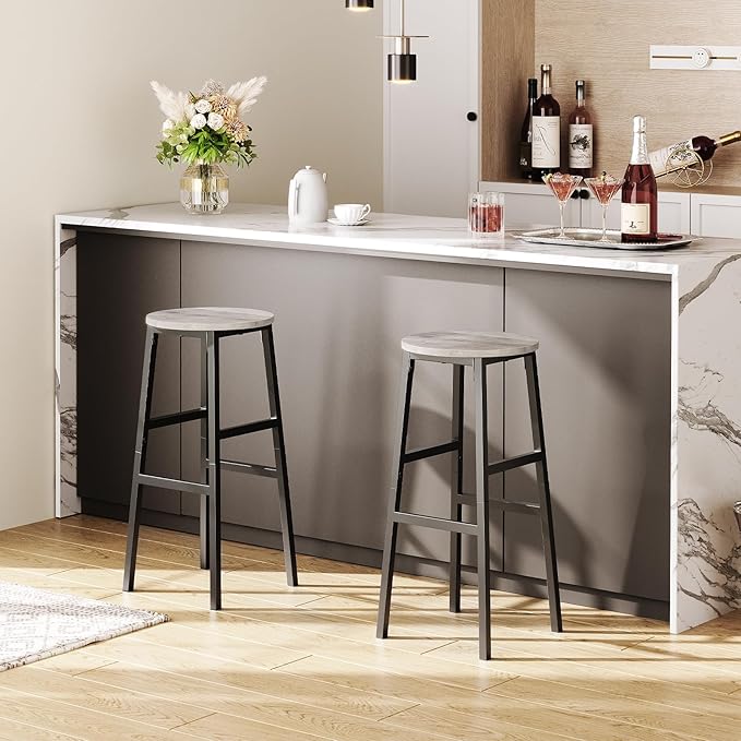 MAHANCRIS Bar Stools, Set of 2 Round Bar Chairs with Footrest, 28 Inch Kitchen Breakfast Bar Stools, Industrial Stools, Easy Assembly, for Dining Room, Kitchen, Greige BAHG02701