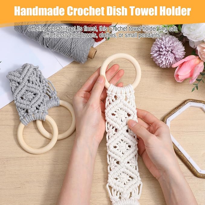 2 Pcs Kitchen Towel Holder, Dish c Hanger with Beech Wood Ring for Hanging Kitchen Towels, Cotton Crochet Dish Towel Holder for Kitchens, Over Cabinet Towels Holders (Grey and Beige)