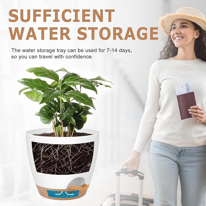 QRRICA Plant Pots 8/7/6.5/6/5.5/5 Inch Self Watering Pots, Set of 6 Plastic Planters with Drainage Holes and Saucers,Plastic Flower Pots,Nursery Planting Pot for Indoor Out Door Plants（White）