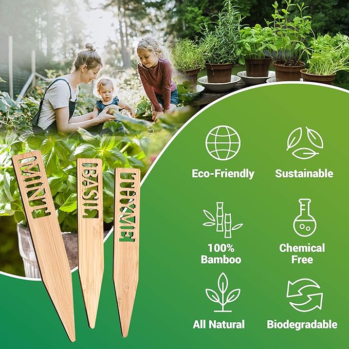 Bamboo Herb Markers - Set of 12 Beautiful Garden Labels - Sturdy Outdoor Garden or Potted Herb Markers