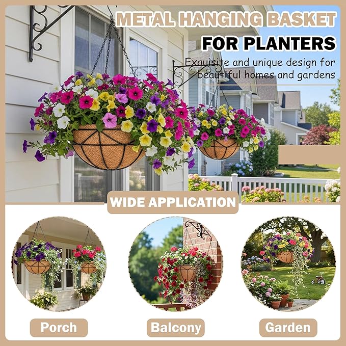 Hanging Baskets for Outdoor Plants (12 inch 2 Pack) Black Metal Wire Flower Basket Coconut Coir Hanging Planters with Chain Indoor Plant Holder for Patio Garden Balcony