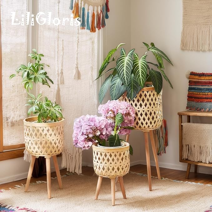 Boho Rattan Plant Stand Set of 2 – Handwoven Tall Elevated Wicker Plant Baskets for Indoor Plants, Mid-Century Modern Wooden Planter Holder with Tripod Legs, Farmhouse Home Decor