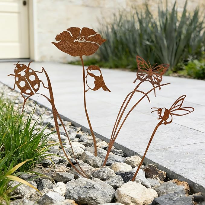 KODIBO 4-Pack Metal Garden Stakes Outdoor Decor, Vintage Rust Patina Bird Bee Butterfly Ladybug Garden Stake Set, Decorative Yard Art for Flower Bed, Planters, Patio & Lawn, Gift for Garden Lovers