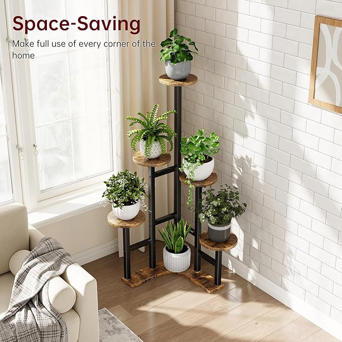 Yzosvki Corner Plant Stand Indoor, 6 Tiered Corner Plant Shelf Flower Stand for Multiple Plants, Plant Shelves Organizer Rack for Living Room, Balcony, Patio, Garden, Round Rustic Brown