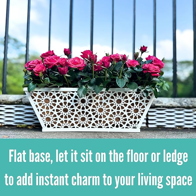 LaLaGreen Window Boxes Planters for Outdoor Plants (2 Pack, 16 Inch) White Metal Rectangular Wall Hanging Planters Deck Railing Flower Box with Coco Liners, Trendy Horse Troughs Balcony Patio Porch