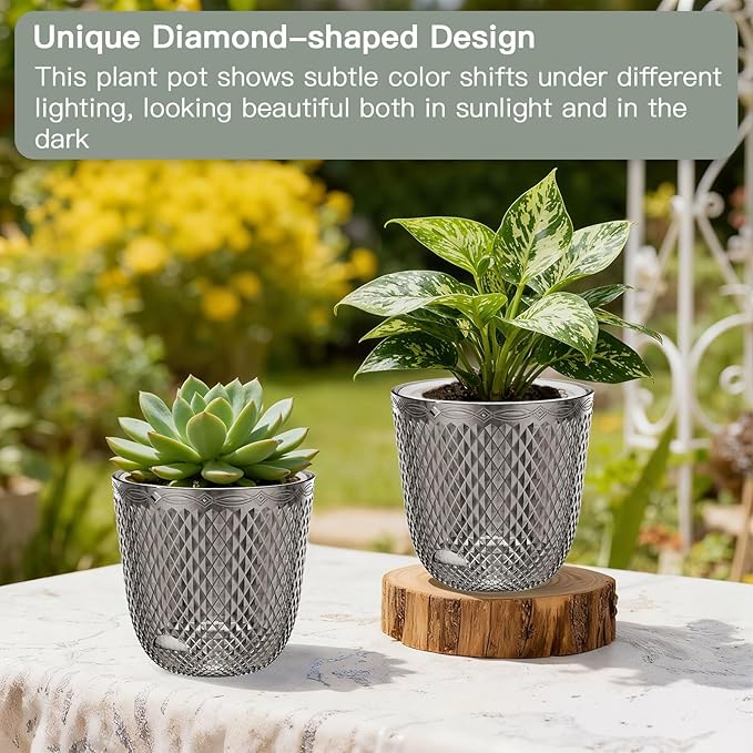 QCQHDU 2 Pack Self Watering Pots, 7.2 Inch Flower Pots with Drainage Holes and Water Filling Port, Garden Planter for Indoor Outdoor Plants (Gray)
