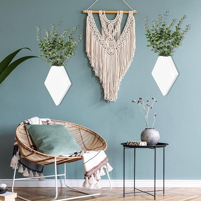 Chunful 2 Pcs Wooden Wall Planter Decor Hanging Fake Plants Greenery Flowers Holder Vase Boxes for Wall Bohemian Farmhouse Room Kitchen Office Indoor Decoration(White,7.1 x 4.7 x 1.2 Inches)