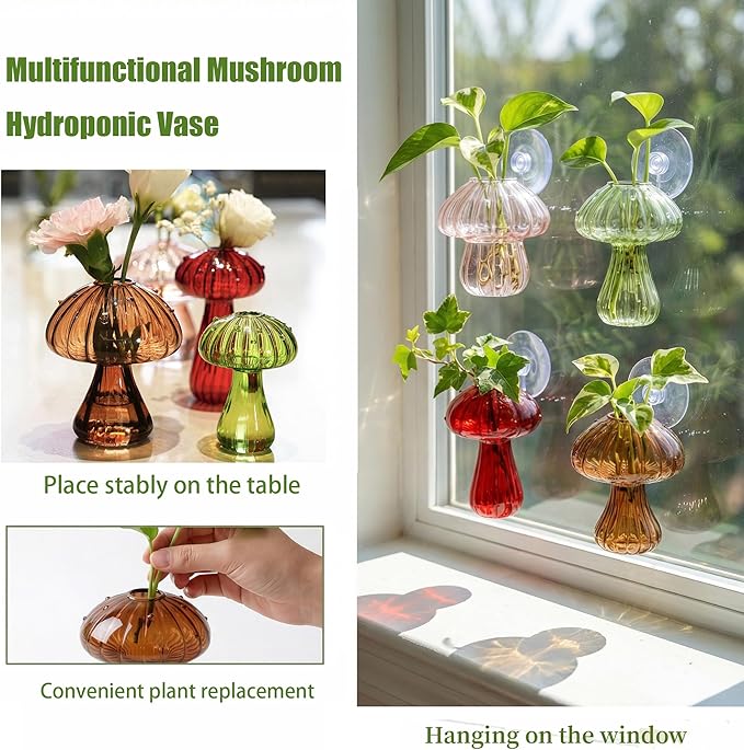 Window Propagation Stations, Propagation Vases, Colored Mushroom Glass Vases with Suction Cups, Nail-Free Easy-Install Wall-Mounted Planters, Plant Lover Gifts (4-Pack)