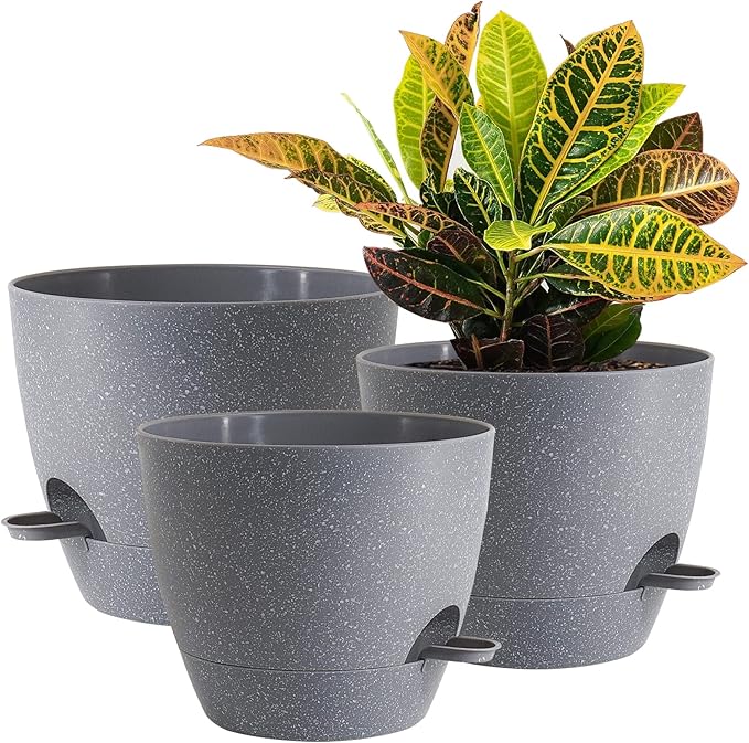 UOUZ 10/9/8 inch Self Watering Pots, Set of 3 Plastic Planters with Mesh Drainage Holes and Deep Reservoir for Indoor Outdoor Garden Plants and Flowers, Grey Speckles