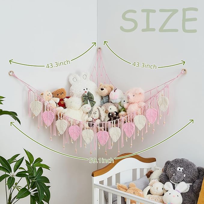 Pretty Jolly Macrame Stuffed Animal Hammock with Beads Hand Woven Leaf Tassels Corner Hanging Net Boho Holder for Kid Room Nursery Decor Easy Install Organizer for Girls Gift(Light Pink)