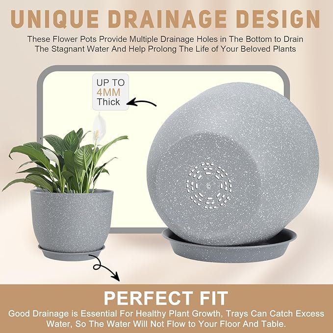 YNNICO Plant Pots 10/9/8/7.5/7 inch Flower Pots with Multi Mesh Drainage Holes, Planters for Indoor Outdoor Garden Plants and Flowers. (Gray)
