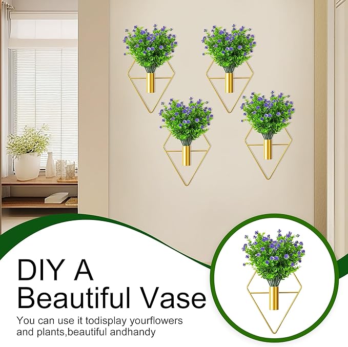 2 Pack Wall Decor Hanging Planters with Artificial Plants Metal Hanging Vase Indoor Plants Holder Modern Boho Wall Art for Bathroom Bedroom Living Room Office (Gold Eucalyptus)