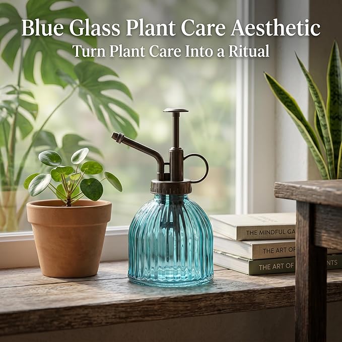 Topadorn Blue Glass Plant Mister Spray Bottle - Mini Vintage Watering Can with Pump for Indoor Plants & Succulents