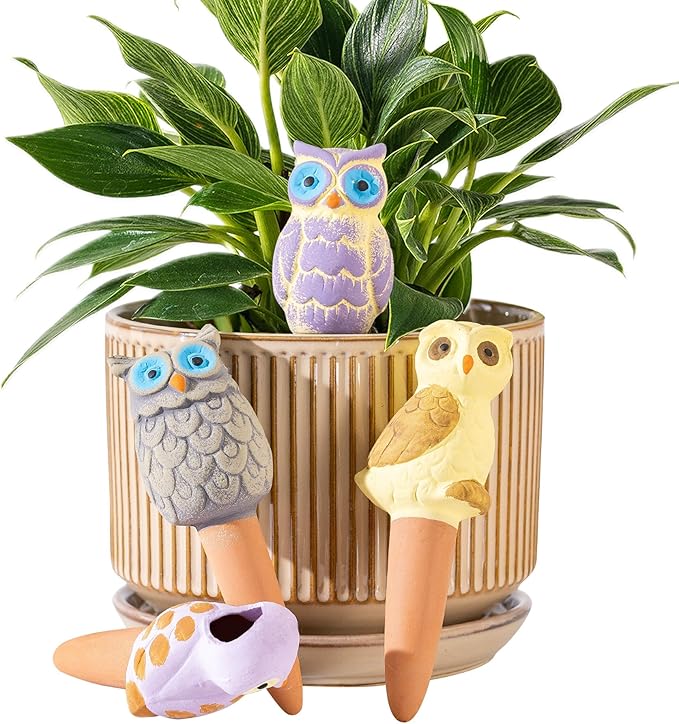 Mother’s Day Gift for Mom from Daughter or Son, 4 Pack Handmade Terracotta Owl Watering Globes & Spikes, Self-Watering Plant Devices with Slow Release System for Indoor & Outdoor Plants, Vacation Use