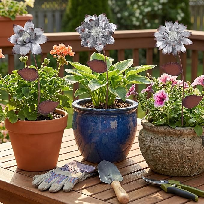 Metal Floral Garden Stake Outdoor Glow in Dark Silver Plant Pick Water Proof Metal Flower Stick Décor for Lawn Yard Patio,3 PCS