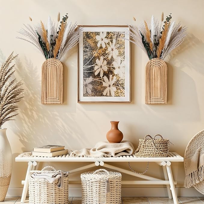 DREAMLOOM 2 Pack Wooden Wall Vases with Dried Pampas Grass and Eucalyptus Plants, Wall Hanging Planters Boho Modern Farmhouse Indoor for Narrow Spaces Entryway Bathroom Home Office Decoration, White