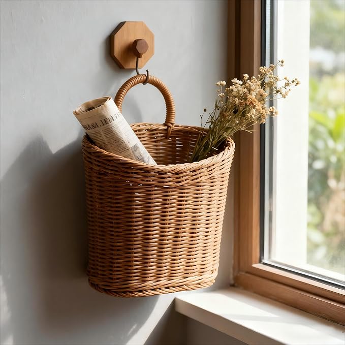 Woven Hanging Wicker Basket for Front Door, Handmade Rattan Hanging Wall Baskets for Garden Farmhouse Home