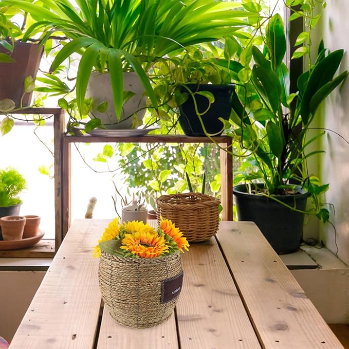 Luxshiny Handwoven Straw Wicker Basket Planter Flower Pot Decorative Storage Holder for Indoor Outdoor Garden Balcony, Medium Large Woven Rattan Plant Container