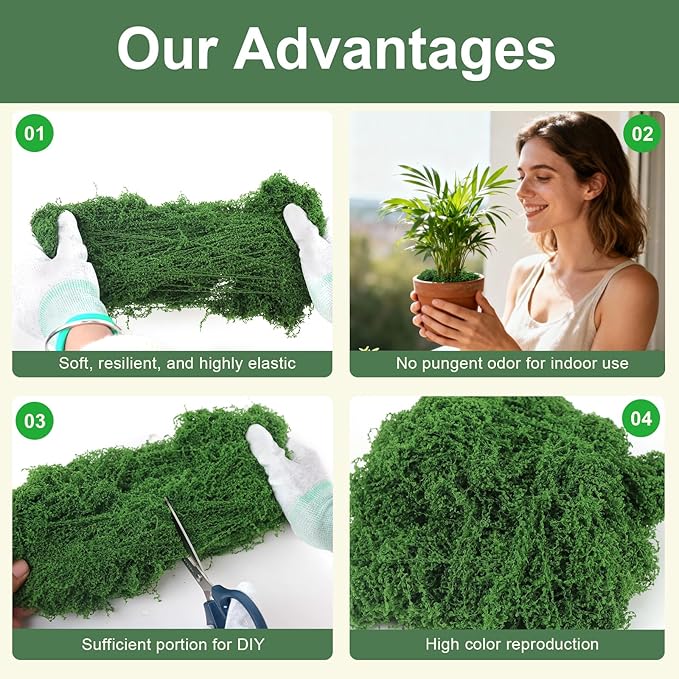 MGLIFEUL 1.125 LBS Artificial Fake Moss for Crafts Plants Indoor with Non-Stick Gloves and Tweezers，Preserved Green Plant Faux Craft Moss Musgo for Fairy Garden Outdoor Home Decorating Model Making