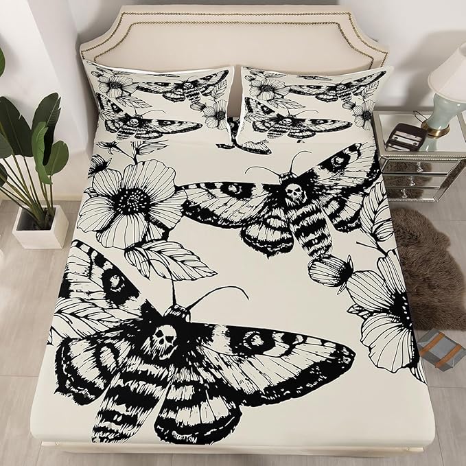 Feelyou Gothic Skull Bedding Set Decorative Death Moth and Flowers Sheet Set Full Size for Kids Teens Adults Bedroom Decor Breathable Pesonalized Skeleton Bones Bed Sheet Set Black Cream Bed Sheets