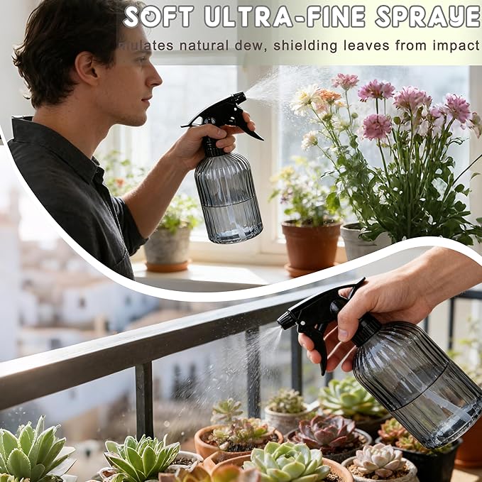 Glass Handheld Spray Bottle, 13.5oz Refillable Plant Mister Bottle 2 Pack, Water Spray Bottle with Adjustable Mist Nozzle for Outdoor Gardening, Indoor Flowers, Cleaning, Hair & Pets Care (Grey)