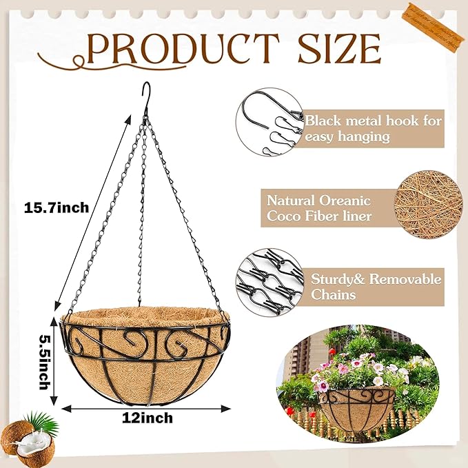 Metal Hanging Planters Basket Set of 4 Outdoor with Coco Fiber Liners Chain Hanging Basket Suitable for Vegetables Flower Heavy Duty Round Plant Holder Garden Balcony Patio Deck Porch Decor