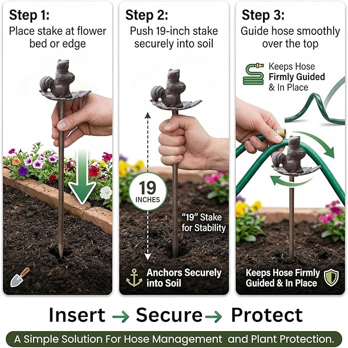 Carvers Olde Iron Decorative Garden Hose Guide Stake – 19" Solid Aluminum Heavy Duty Hose Protector for Landscaping, Flower Beds & Yard Edging - Squirrel