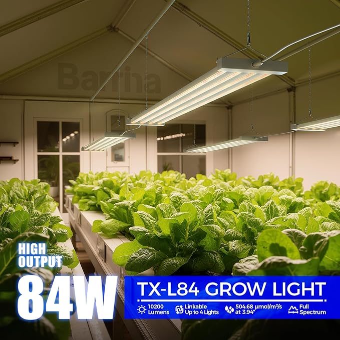 Barrina TX-L84 4FT LED Grow Light, 84W, 4 LED Panels Wider Coverage, Full Spectrum with 730nm IR LEDs, High PPFD, Linkable, Hanging for Plant Lights Indoor, Greenhouse, Vegetable, Seeding, 1 Pack