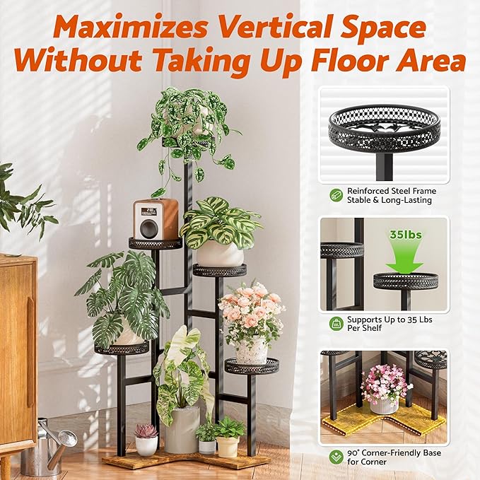 Plant Stand 6 Tier Indoor Outdoor Metal Wood Flower Shelf Corner Flower Holders for Living Room Balcony Garden Patio
