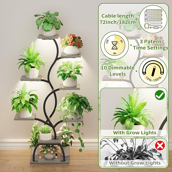 EVAWOO Plant Stand Indoor with Grow Light - 8 Tiered Plant Shelf Indoor, Corner Plant Stand, 49" Tall Plant Shelf with Lights for Indoor Growing, Lighted Flower Holder for Living Room, Balcony (Gray)